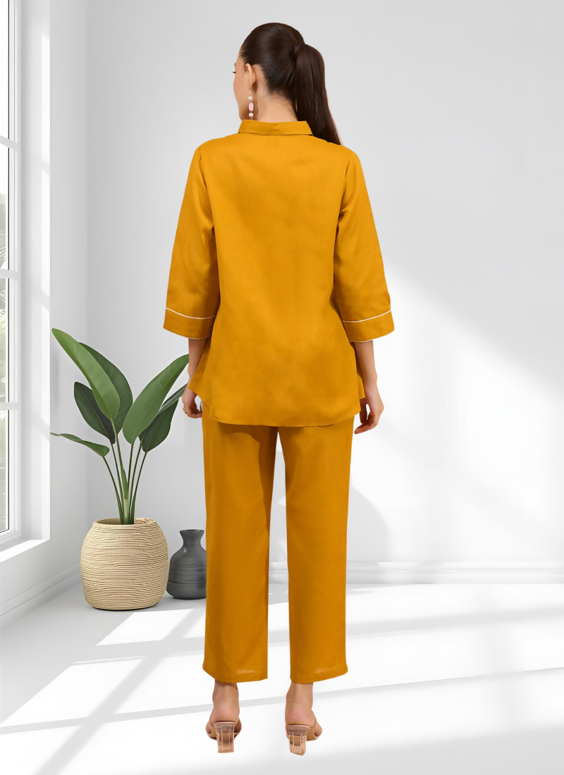 Joban Fashion Mustard Cotton, Linen Embroidered Readymade Cord Set | Grocsy