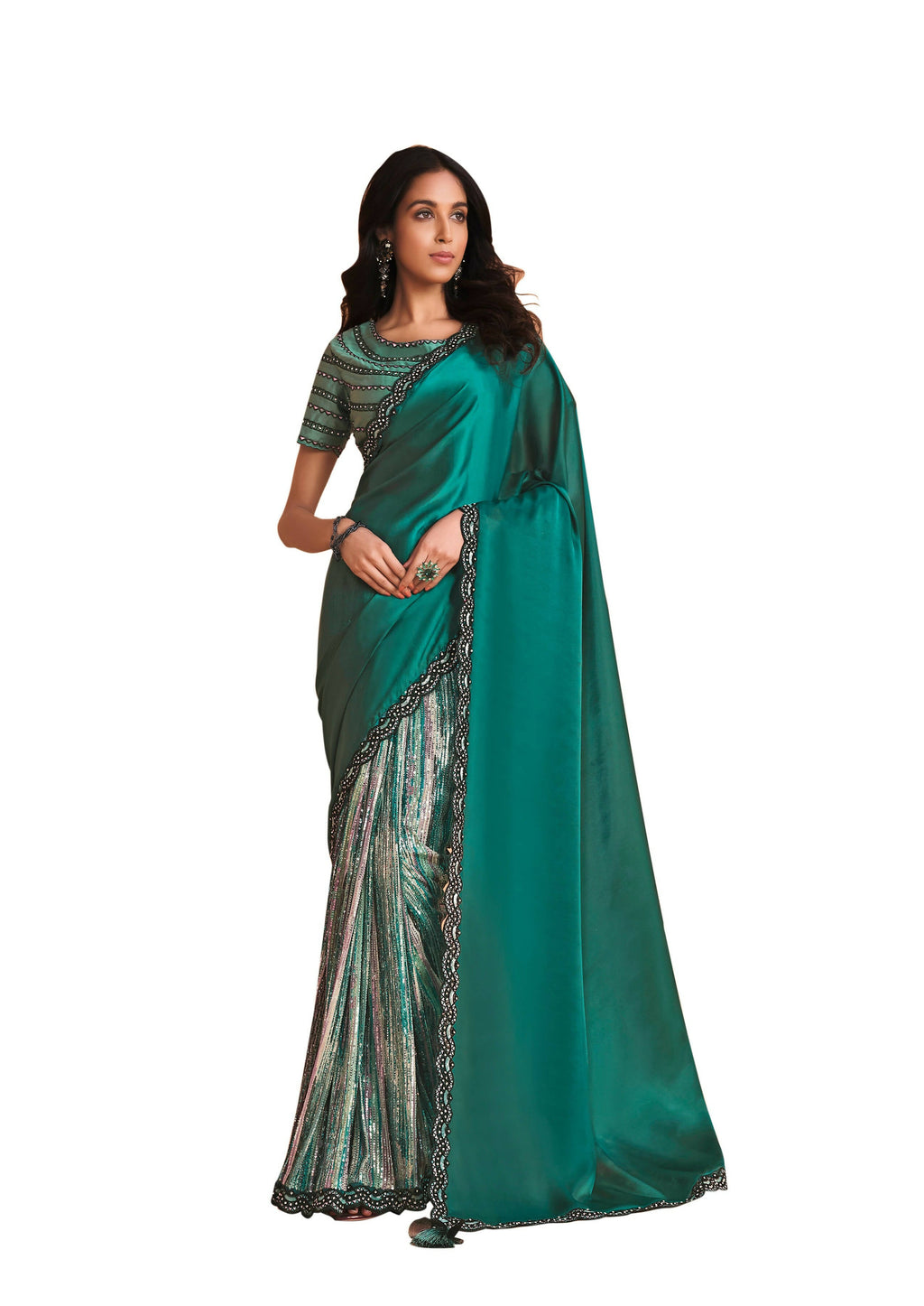 Sea Green Satin Crepe Silk Sequence Embroidered Saree With Unstitched Blouse - Mohmanthan Yavanika | Grocsy