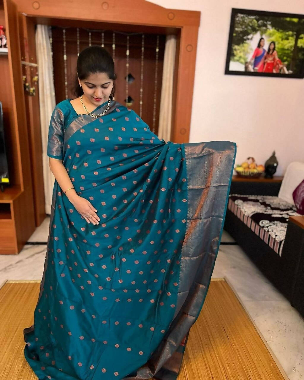 DEIANA'S Beautiful Designer Golden zari Soft Lichi Silk Saree - Teal | Grocsy