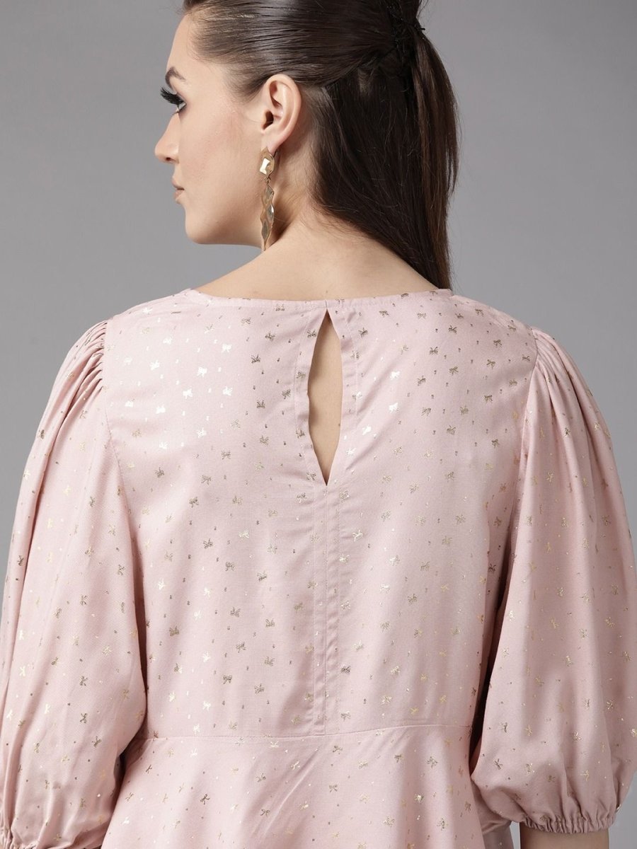 Ahalyaa Women Pink Rayon Gold Foil Print Tunic | Grocsy