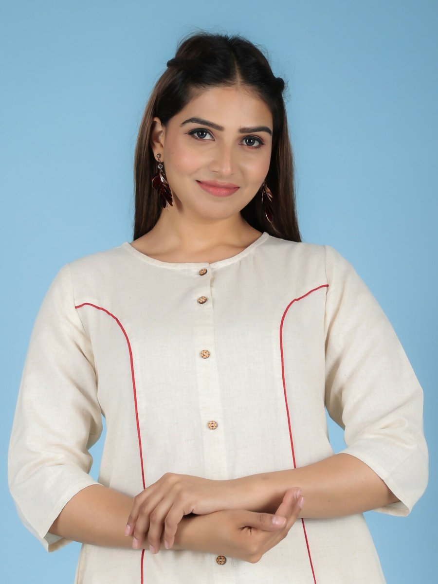 Aramya Cream Linen Cotton Solid A-line Kurta for Women | Grocsy