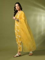 Myshka Women's Yellow Printed Cotton Straight Party Kurta Set With Dupatta | Grocsy