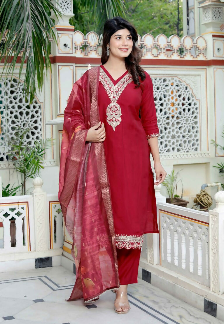 Miravan Women's Embroidered Pure Silk Red Kurta with Palazzo and Dupatta | Grocsy