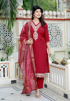 Miravan Women's Embroidered Pure Silk Red Kurta with Palazzo and Dupatta | Grocsy