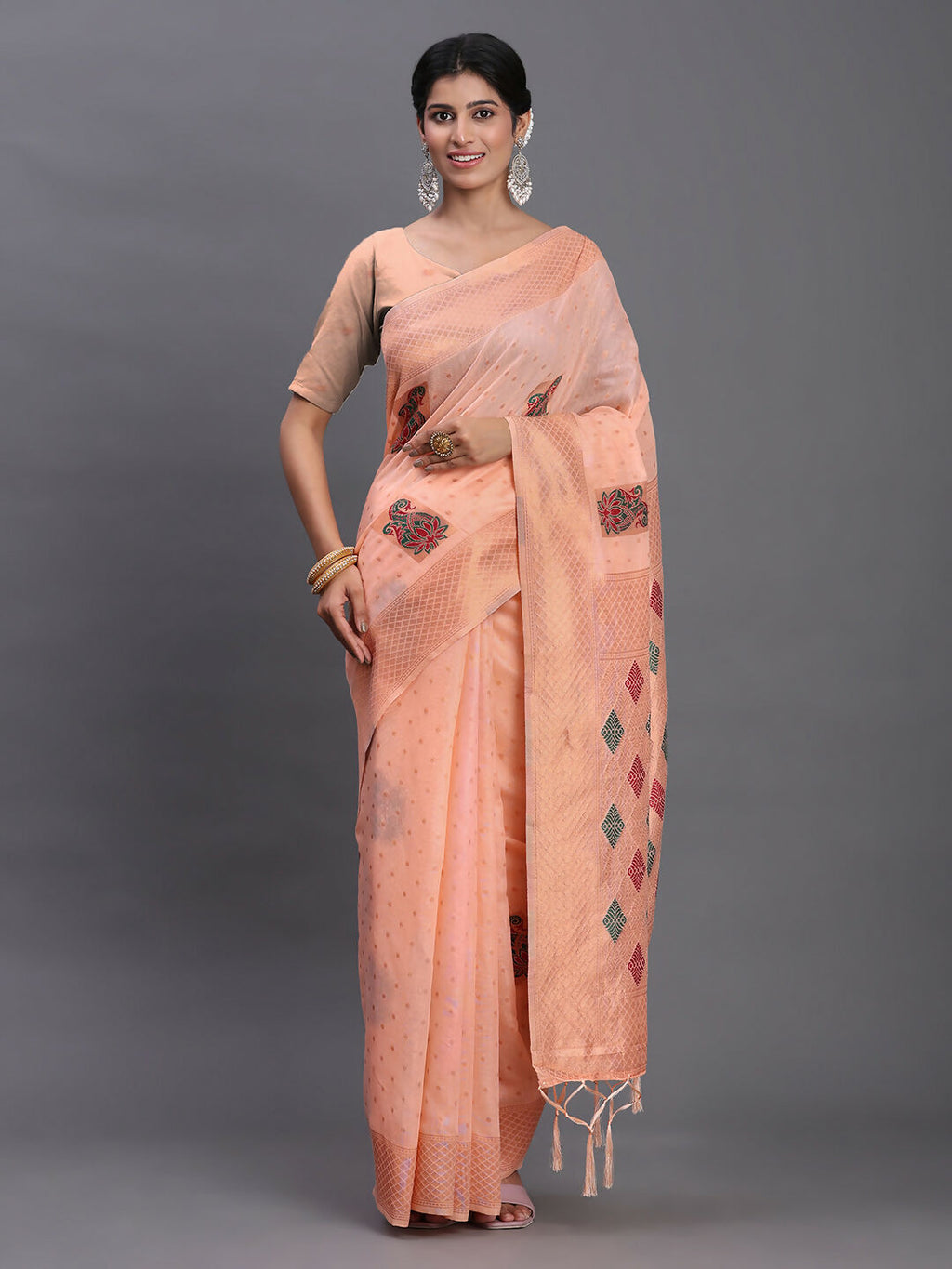 Shree Shyam Fashion Linen Cotton Peach Saree | Grocsy
