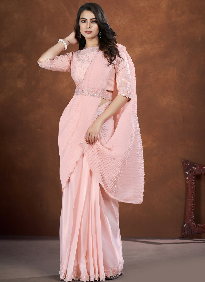Light Peach Crepe Satin Silk Embroidered Saree with stitched Blouse - Mohmanthan Saha Saki | Grocsy