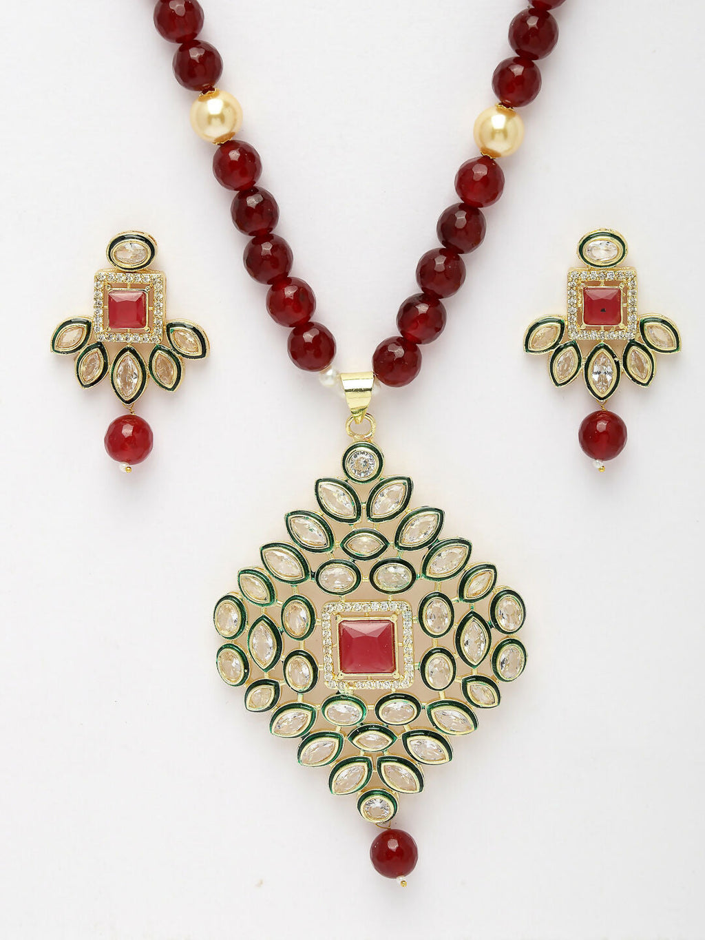 NVR Women's Red Kundan-Studded & Beaded Handcrafted Jewellery Set | Grocsy