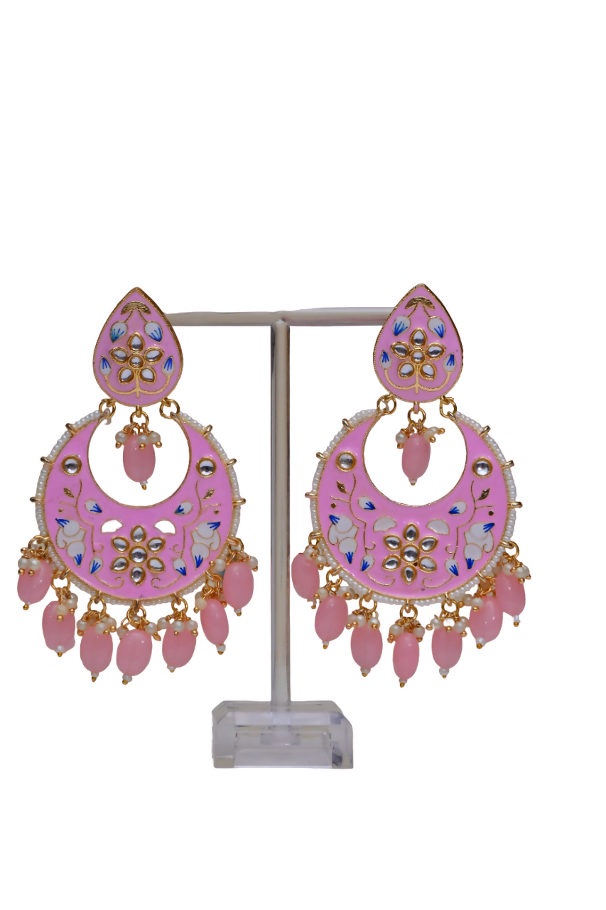 Gold-Polished Brass & Pearl Dangle Women Baby Pink Hand Painted Meenakari Chandbali Earrings By House of Ree - Swadesiicart