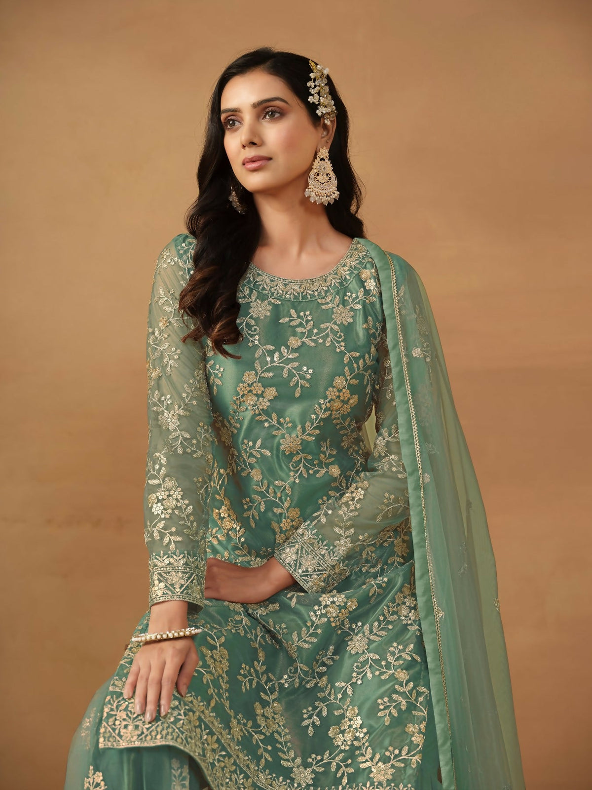 Anaita Green Embroidered Net Salwar Suit | Grocsy