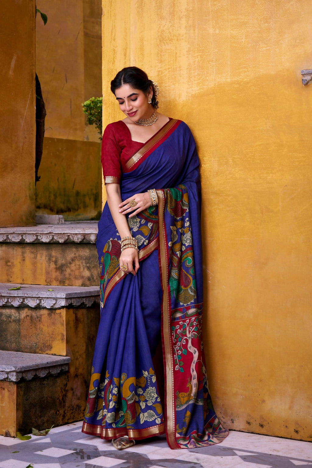 Vastranavya Blue Viscose Chanderi Kalamkari Print with Zari Working Saree & Unstitched Blouse | Grocsy