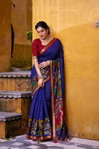Vastranavya Blue Viscose Chanderi Kalamkari Print with Zari Working Saree & Unstitched Blouse | Grocsy