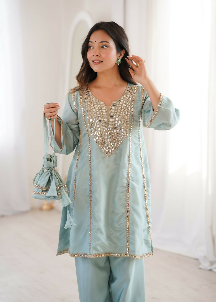 Teeya Creation Womens New Wedding Wear Sky Color With Mirror & Lace Work Kurta Pant Set | Grocsy