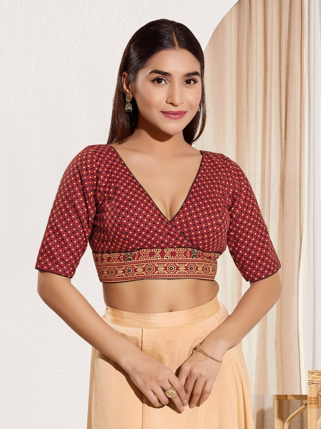 Joban Fashion Maroon Cotton Padded Blouse With V Neck Elbow Sleeves | Grocsy