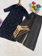 Teeya Creation Classic Black Cotton Kurta Set With Subtle Embroidery And Printed Palazzos | Grocsy
