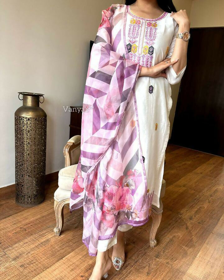 The52 Off White Women's Gorgeous Embroidered Viscose Chanderi Fabric Straight Kurta Pant with Dupatta Set | Grocsy