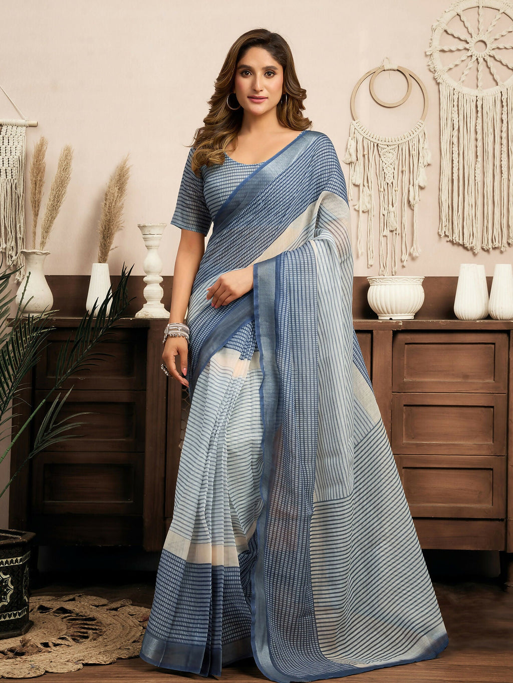 Joban Fashion Cream & Blue Striped Linen Ready To Wear Saree With Unstitched Blouse | Grocsy