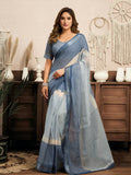 Joban Fashion Cream & Blue Striped Linen Ready To Wear Saree With Unstitched Blouse | Grocsy