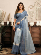 Joban Fashion Cream & Blue Striped Linen Ready To Wear Saree With Unstitched Blouse | Grocsy