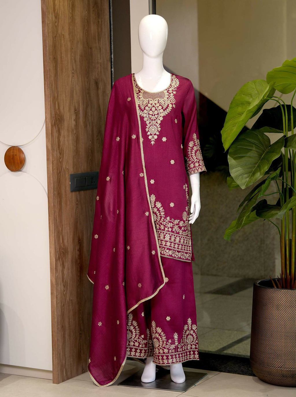 Teeya Creation Wine Embroidered Silk Palazzo Suit With Dupatta | Grocsy