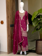 Teeya Creation Wine Embroidered Silk Palazzo Suit With Dupatta | Grocsy