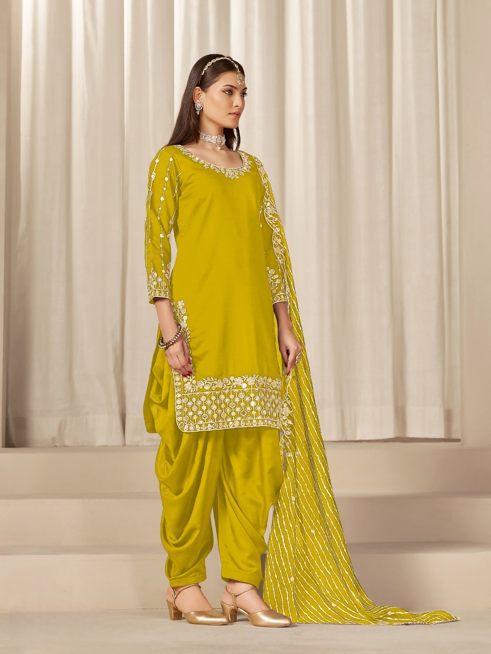 Anaita Yellow Roman Silk Stitched Suit with Embroidery & Real Mirror Work | Grocsy