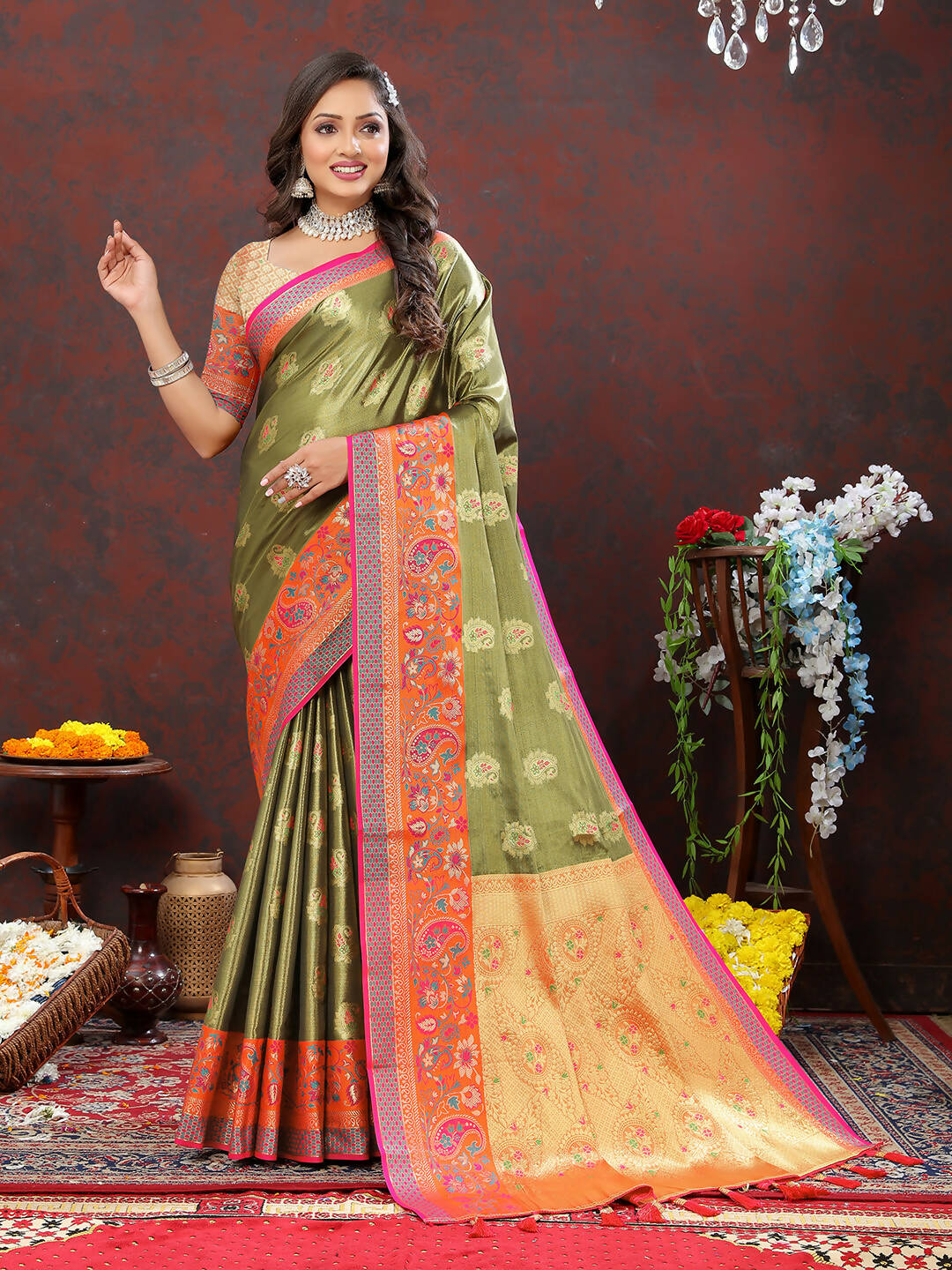 Lorenvalley Fashion Mehndi Kanjivaram Silk Woven Design with Zari Weaving Saree | Grocsy