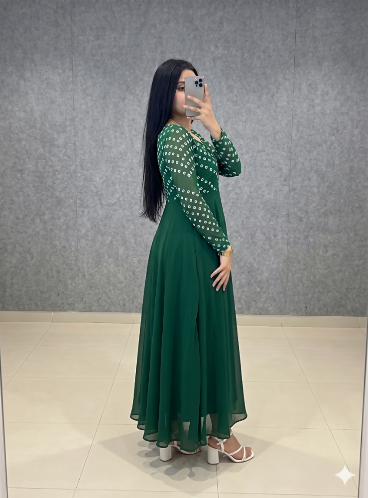 Teeya Creation Women's Green Bandhani Print Anarkali Gown | Grocsy
