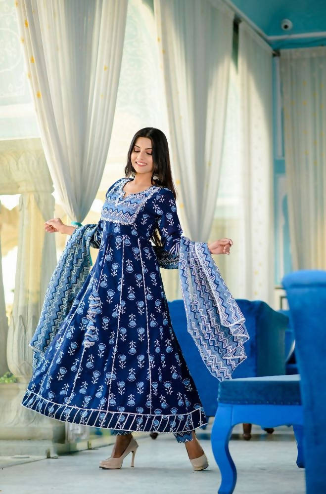 Yufta Women Blue Yoke Design Regular Pure Cotton Kurta with Trouser With Dupatta | Grocsy