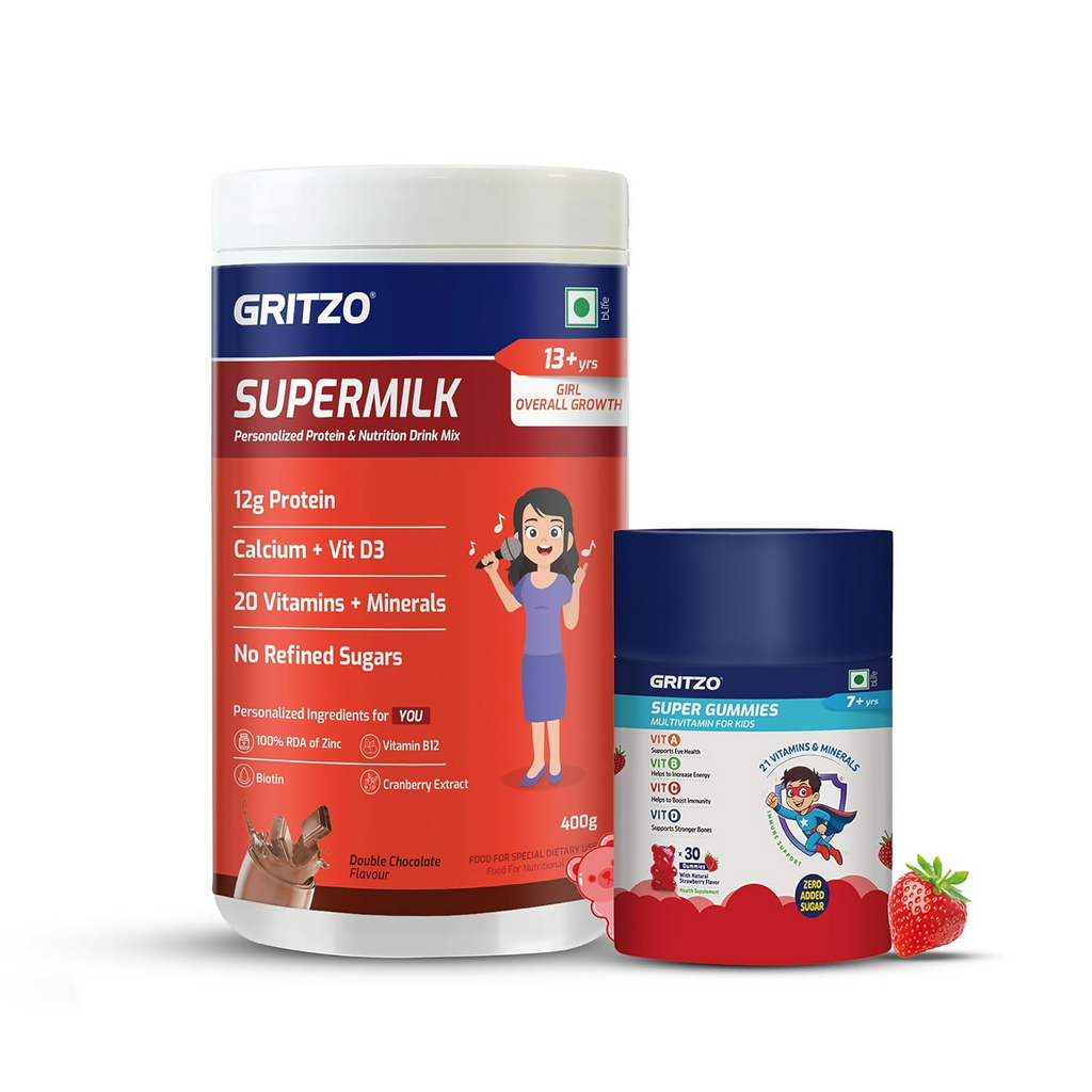 Gritzo SuperMilk Overall Growth (13+y Girls) (Double Chocolate ) with Super Gummies Strawberry | Grocsy