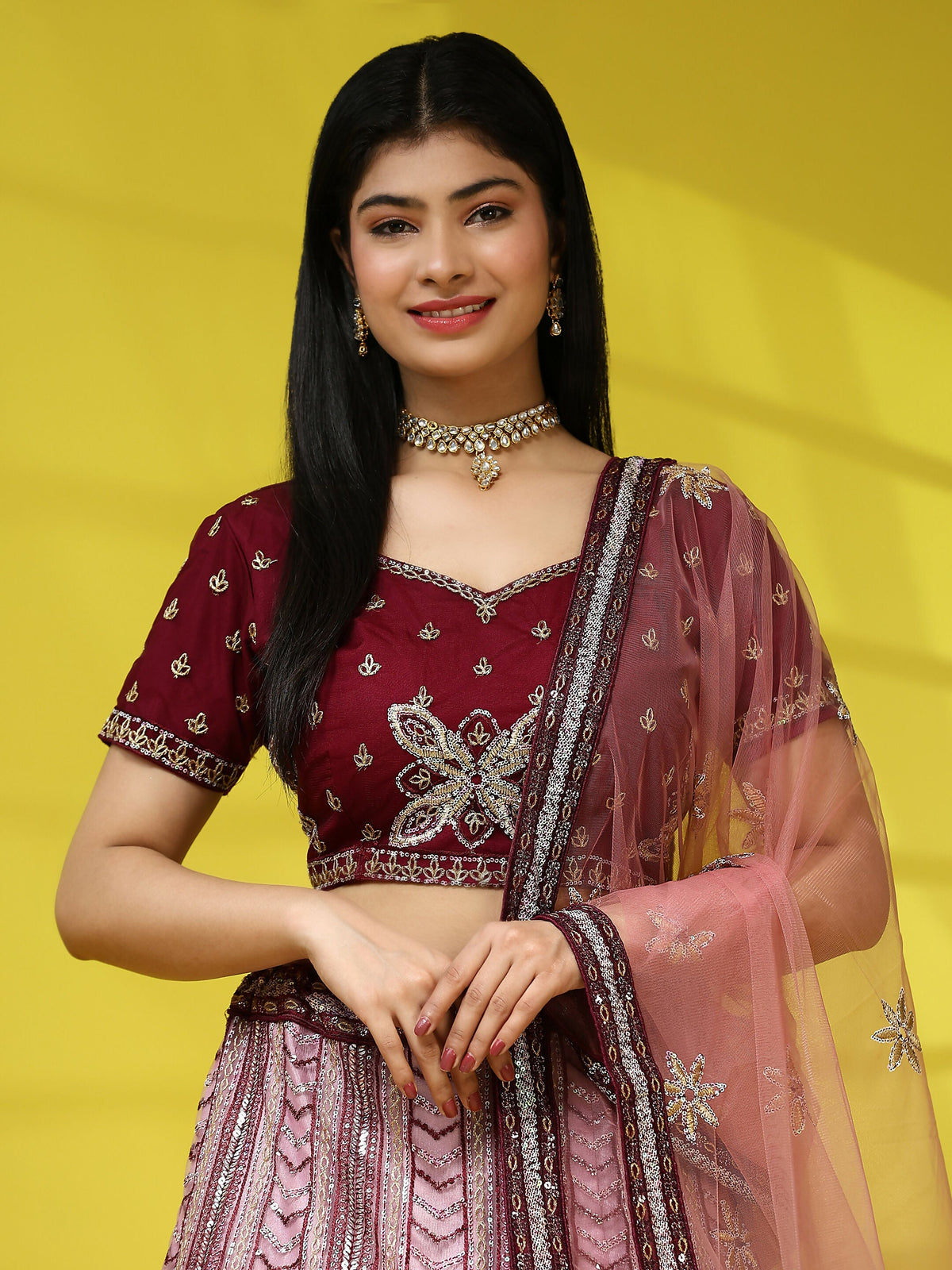 Maroon Fancy Net Sequence Embroidered Lehenga Choli with Dupatta - Dhara | Grocsy