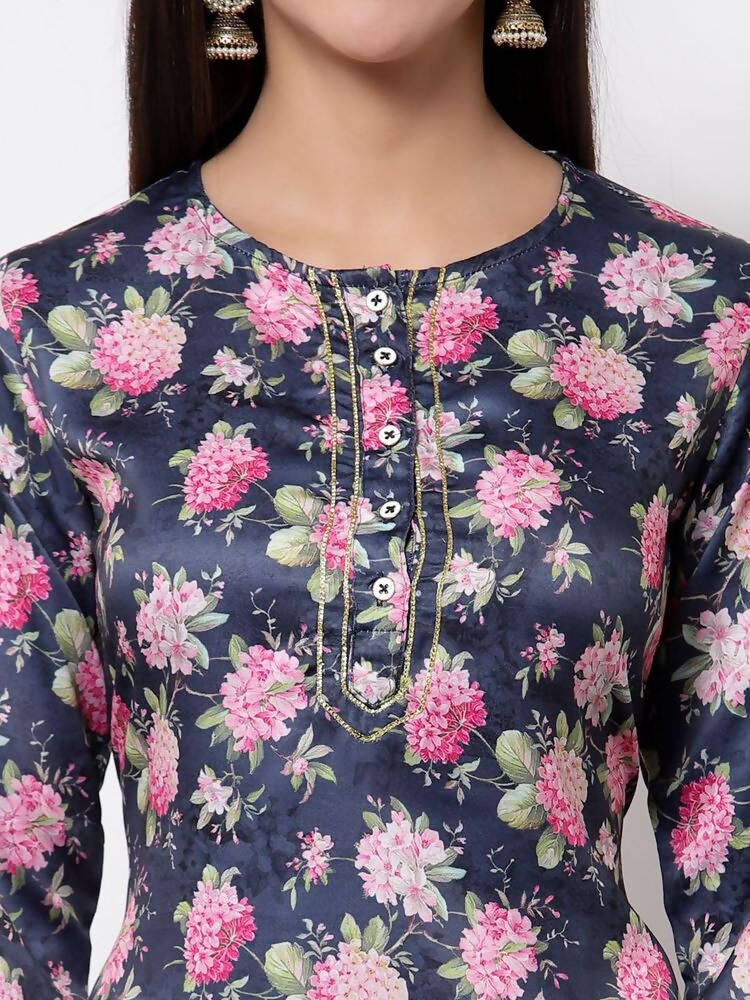 Myshka Silk Printed 3/4 Sleeve Round Neck Casual Blue Women's Kurta | Grocsy