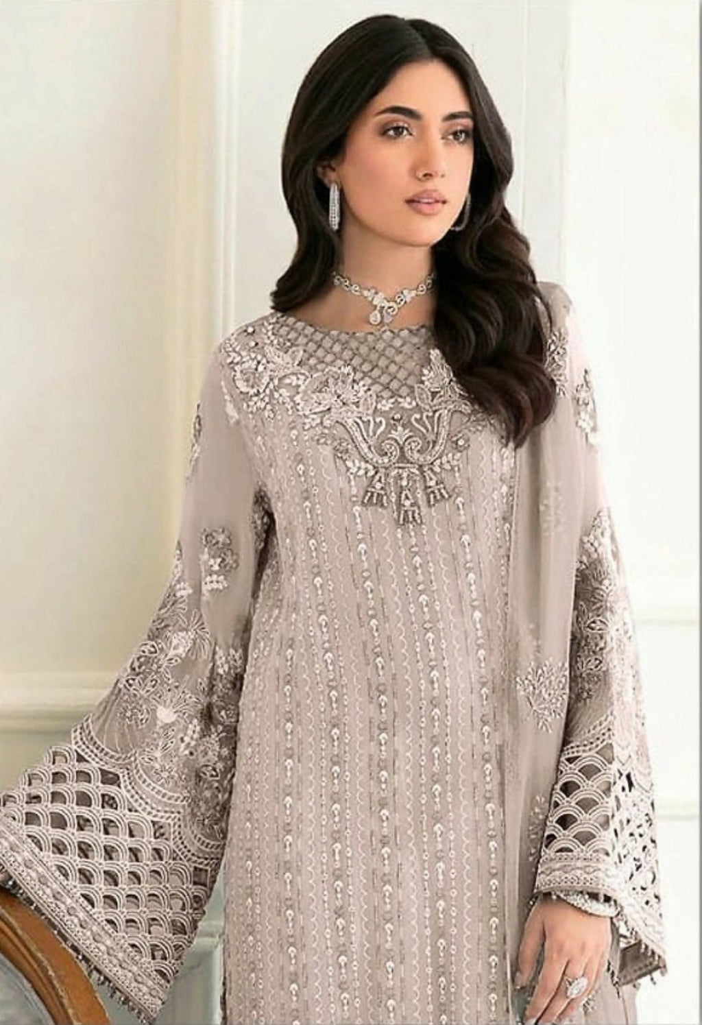 Anaita Baige Fox Georgette Stitched Suit with Embroidery Sequence Work & Khatli Work | Grocsy