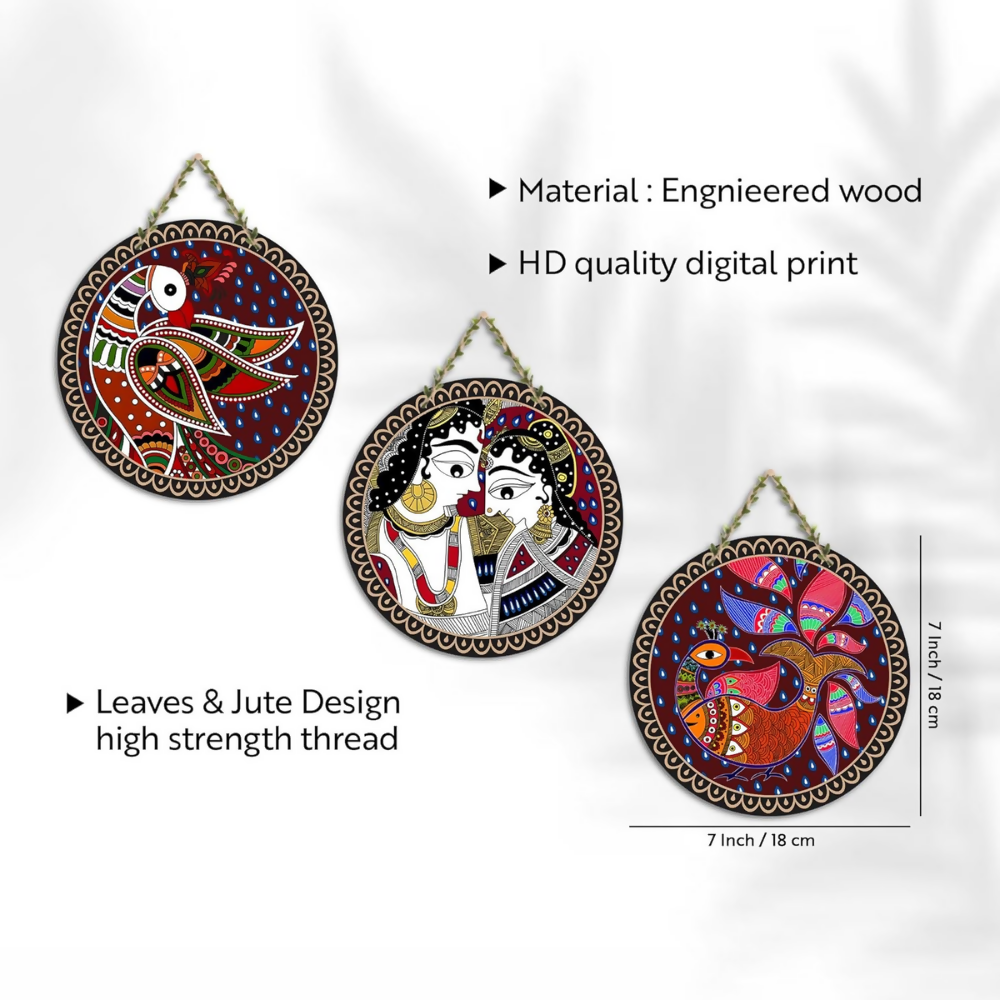 Artvibes Madhubani Folk Art Round Shape MDF Wooden Wall Decor Items | Grocsy