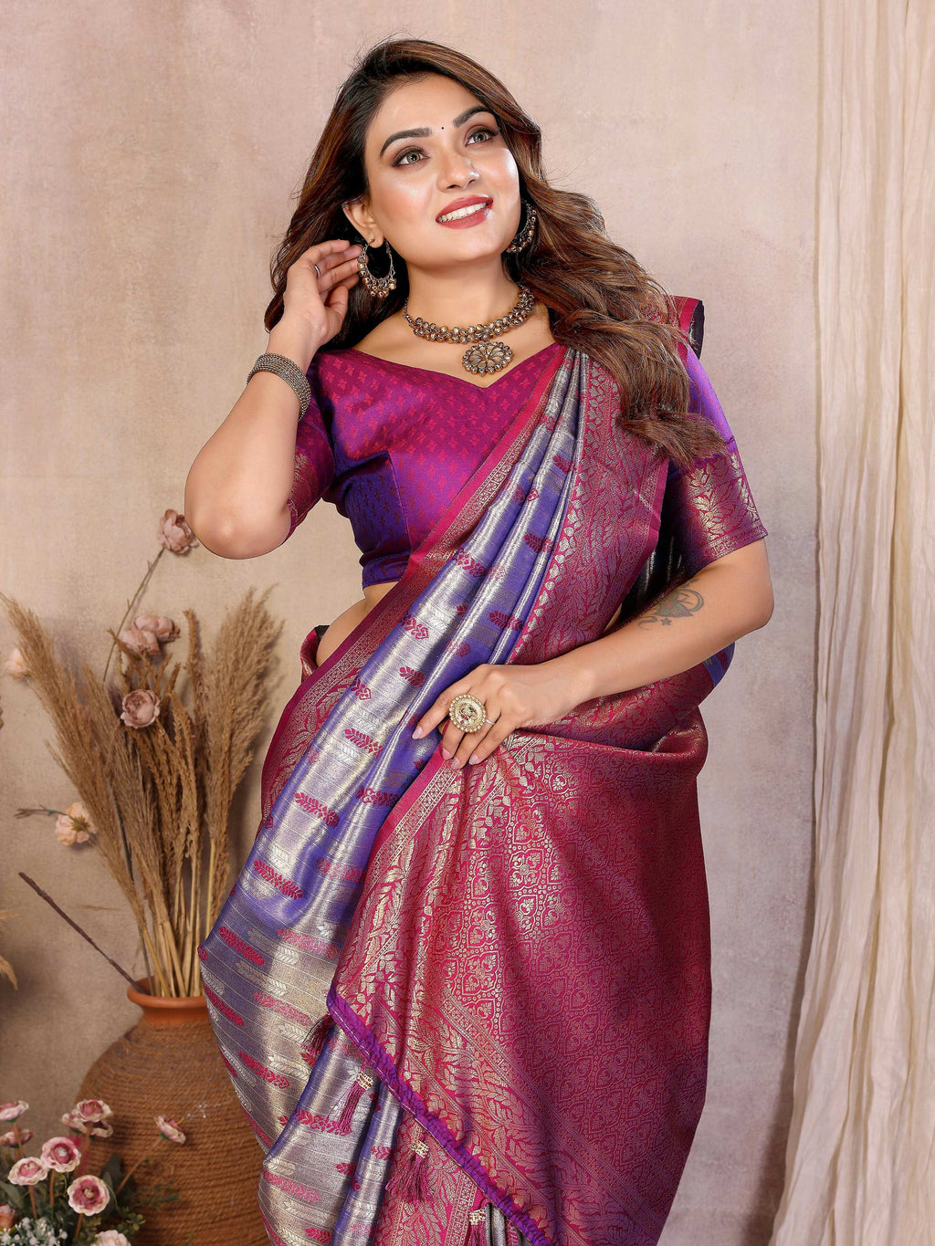 Aastha Fashion Purple Tissue Silk Paithani Woven Saree | Grocsy