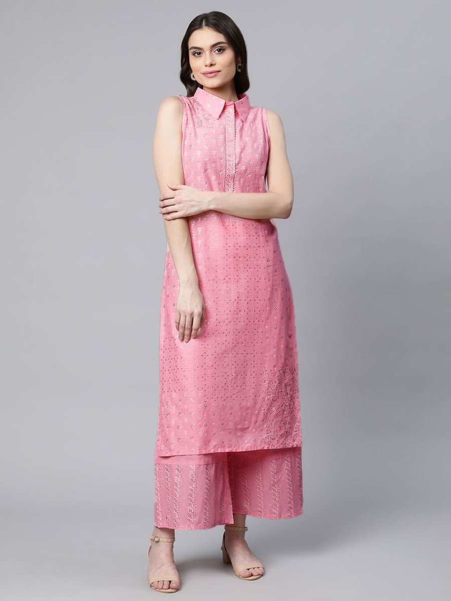 Ahalyaa Women Light Pink Colour Pure Cotton Printed Kurta Palazzo Set | Grocsy