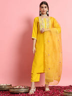 Vellora Sunshine Yellow Silk Blend Embroidered Casual Suit | Grocsy