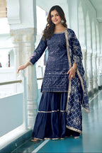 Teeya Creation Blue Colour Chinnon Silk Heavy Embroidery Work Fully Stitched Salwar Suit | Grocsy