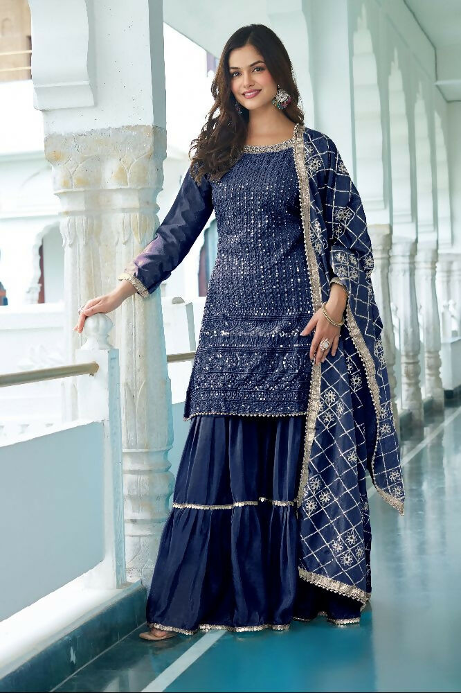 Teeya Creation Blue Colour Chinnon Silk Heavy Embroidery Work Fully Stitched Salwar Suit | Grocsy
