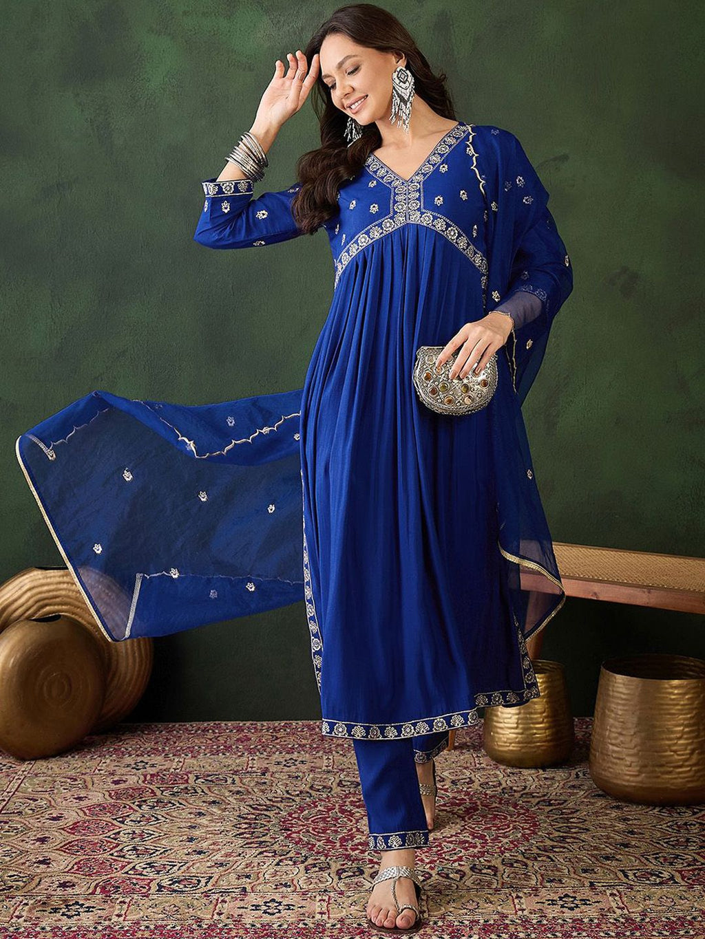 Sangria Embroidered Zari Sequence Kurta & Trouser With Dupatta | Grocsy