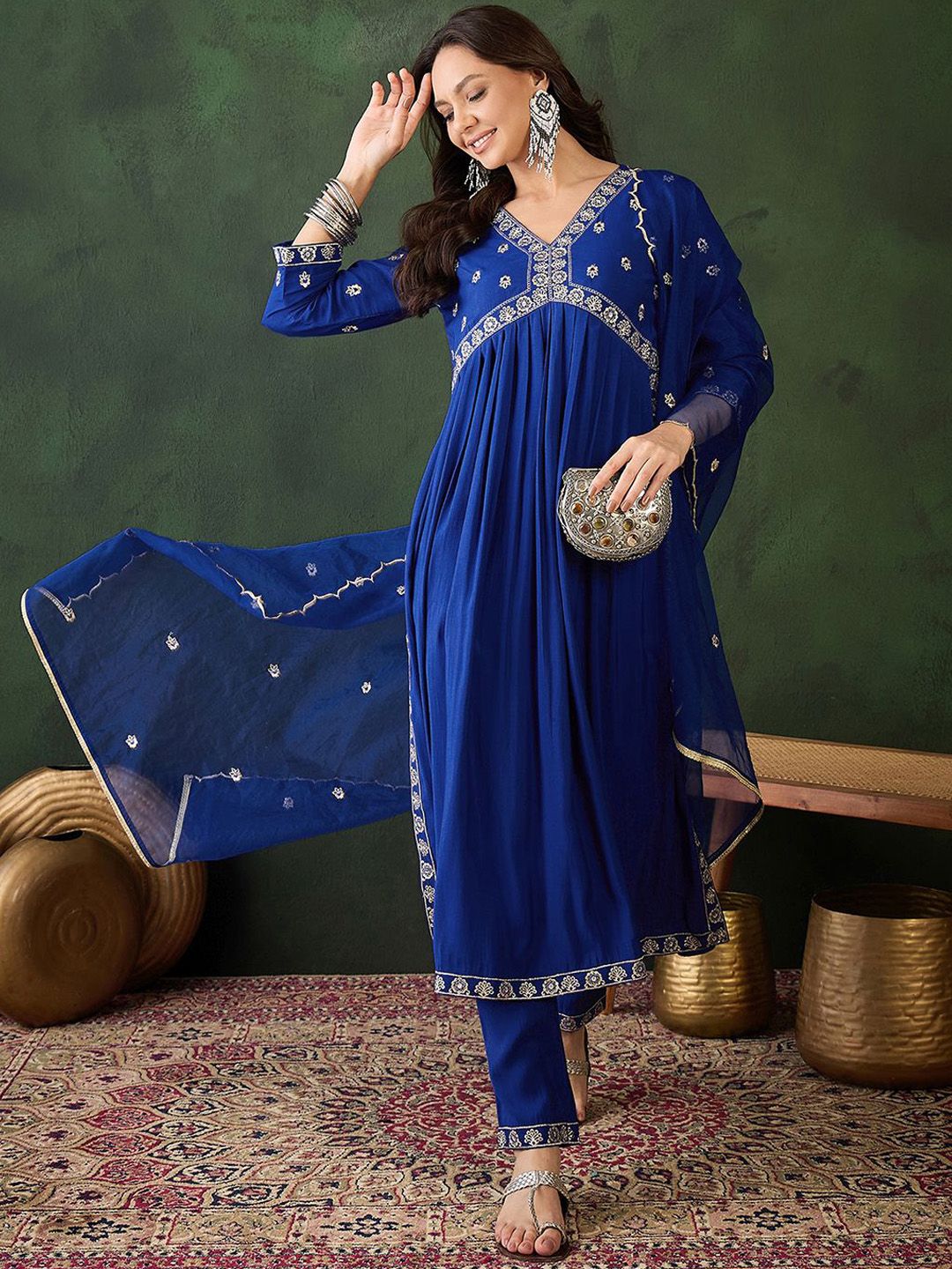 Sangria Embroidered Zari Sequence Kurta & Trouser With Dupatta | Grocsy