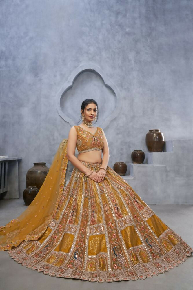 Kesar Fab Mustard Organza Embroidered Lehenga | Grocsy