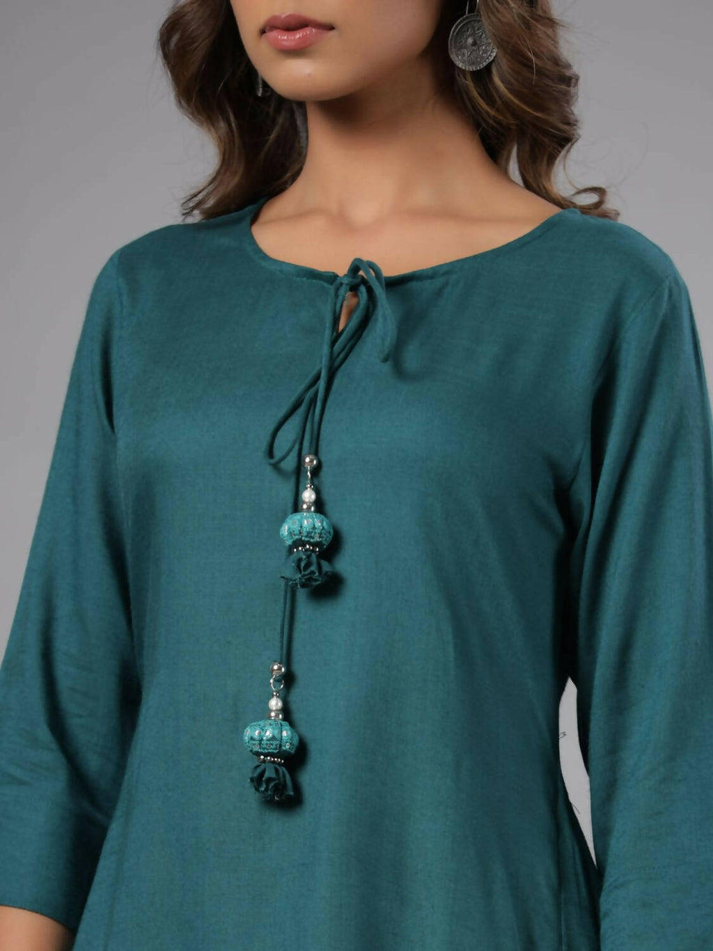 Juniper Women Teal Rayon Solid Asymmetric Kurta | Grocsy