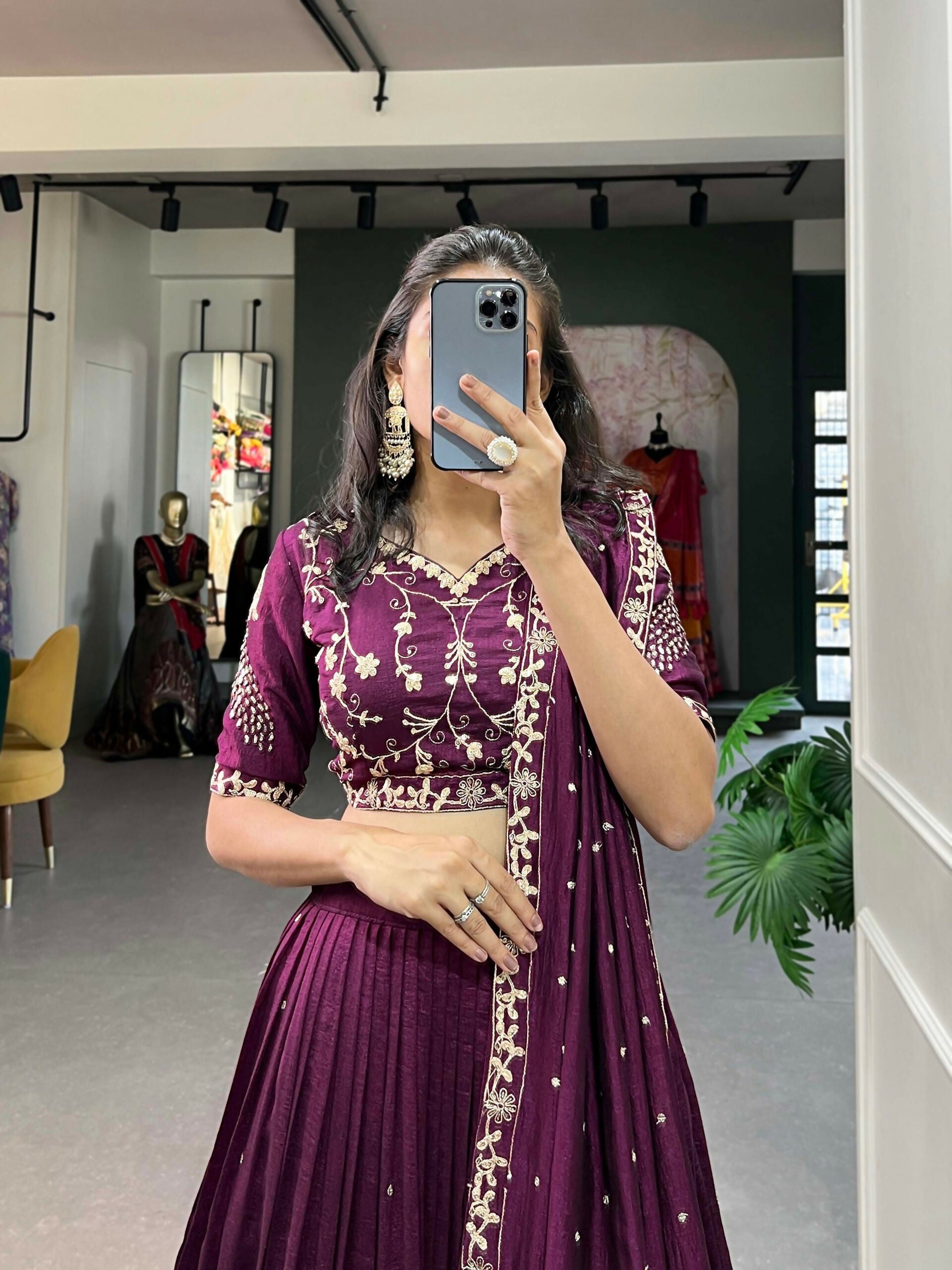 Vastranavya Vichitra Silk Sequins And Thread Embroidery Work Lehenga Choli - Wine | Grocsy