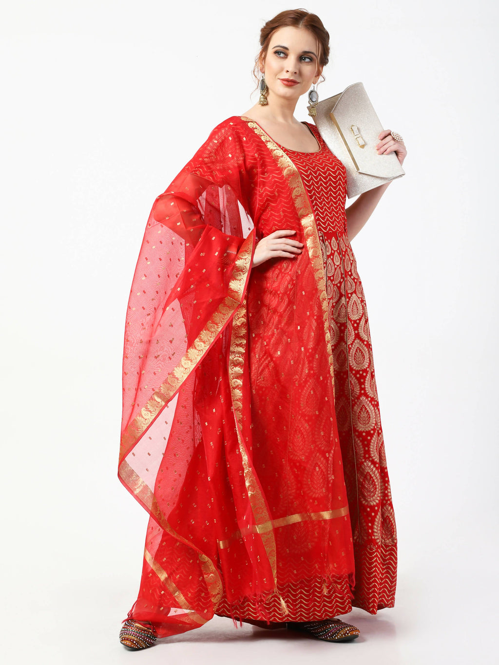 Cheera Women's Red Chanderi Silk & Rayon Hand Block Print Long Dress With Silk Dupatta Set | Grocsy