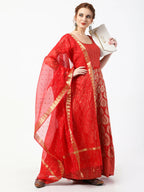 Cheera Women's Red Chanderi Silk & Rayon Hand Block Print Long Dress With Silk Dupatta Set | Grocsy