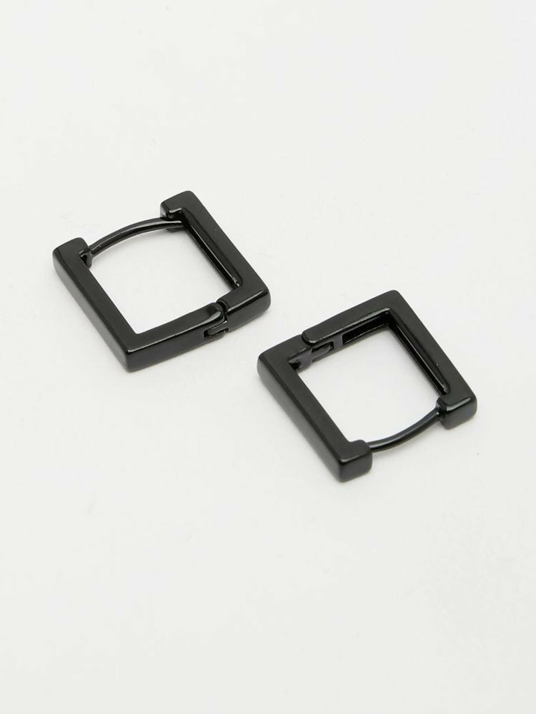 NVR Men's Black Rhodium Plated Geomatric Shaped Hoop Earrings | Grocsy
