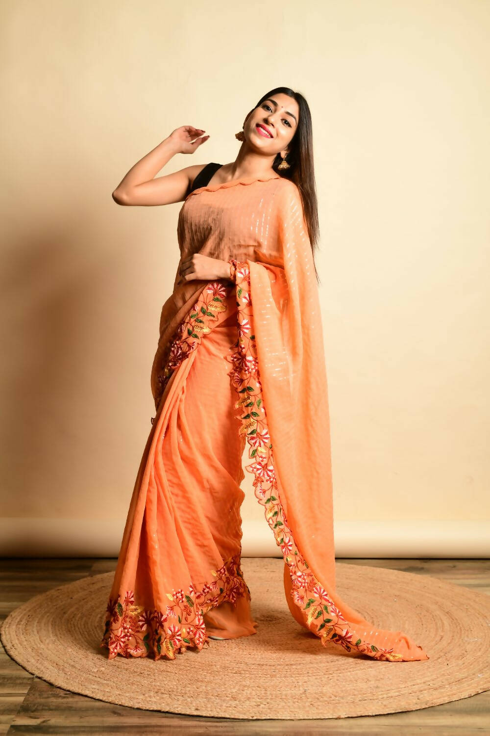 Vamsee Orange Georgette Designer Saree | Grocsy