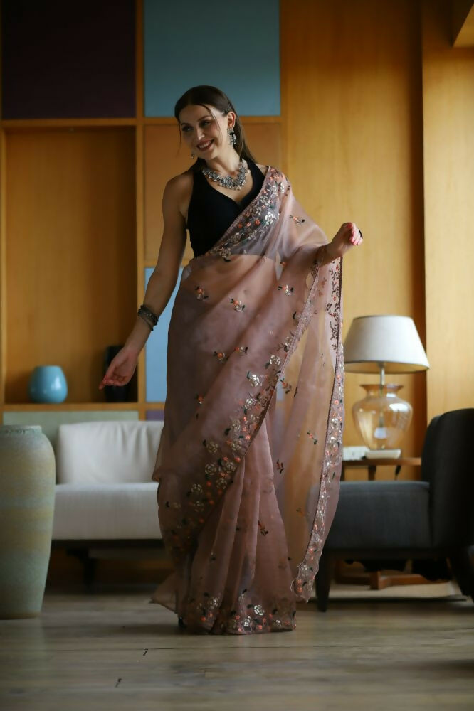 Vamsee Avantika Brown Organza Saree | Grocsy