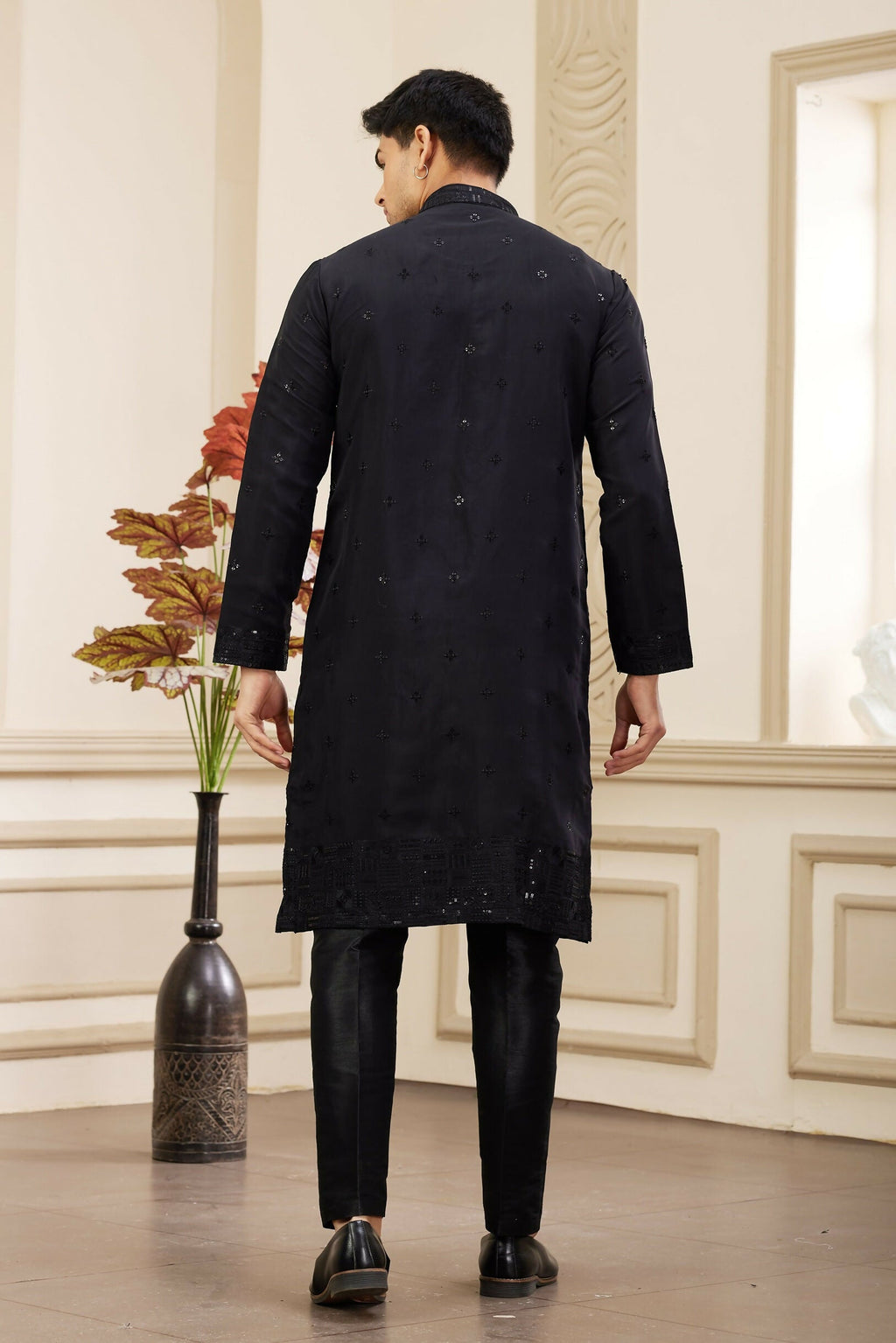 Raivat Ethnic Men's Art Silk Thread Work Kurta Pyjama In Black Colour | Grocsy