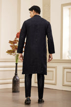 Raivat Ethnic Men's Art Silk Thread Work Kurta Pyjama In Black Colour | Grocsy